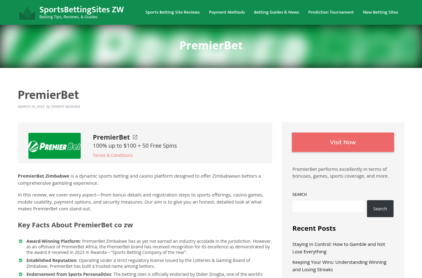 Screen capture of a commercial review page for Premier Bet Zimbabwe