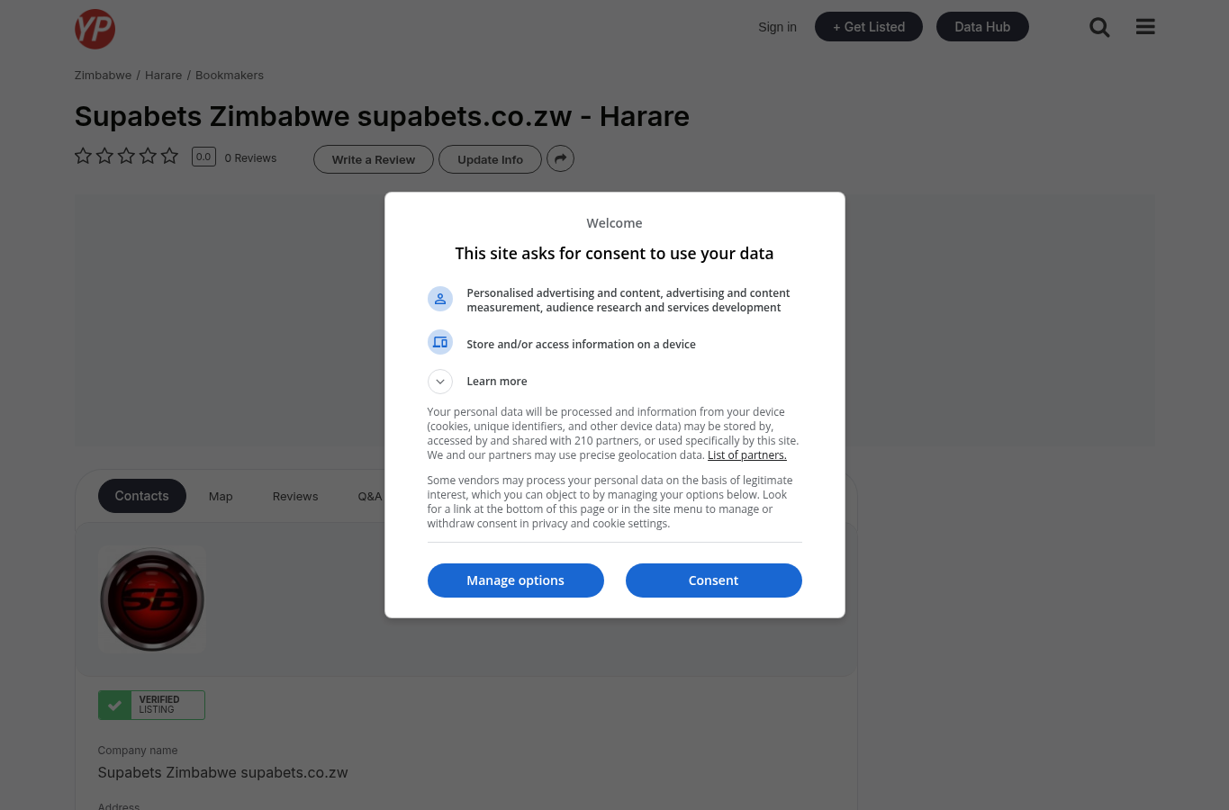 Capture of the business directory record pairing the trading name, the domain and a Harare address
