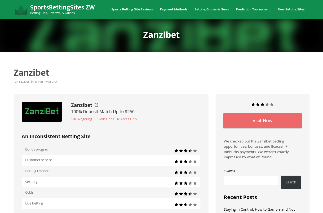 Capture of an independent Zimbabwean review of ZanziBet taken on 22 August 2026